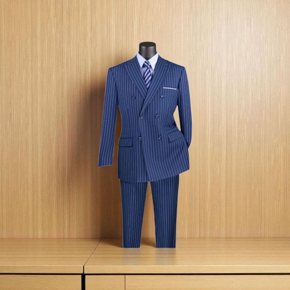VINCI MENS 2 PIECE DOUBLE BREASTED PINSTRIPE SUIT W/ ADJUSTABLE WAISTBAND F-DSS